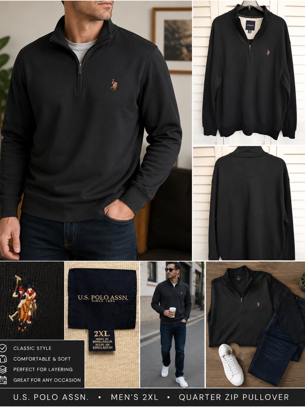 U.S. Polo Assn Sweater Men’s 2XL Black Quarter Zip Pullover Logo Mock Neck Golf